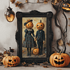 Two figures with pumpkin heads, dressed in Victorian clothing, stand in a black ornate frame. Pumpkins surround Victorian Halloween Art, autumn leaves, and vintage lanterns, all in warm tones of orange and brown, set against a gray wall.