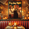 A Halloween-themed café with a 3:4 picture frame on the wall, displaying Retro Halloween Diner Art. The warm lighting, jack-o’-lanterns, and festive candles give a spooky yet cozy ambiance.