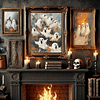 A trio of ghost-themed artworks framed in ornate gold above a fireplace, surrounded by candles and skulls. This Halloween Ghost Decor's gothic, eerie atmosphere makes it a perfect fit for darker, vintage-style interiors.