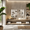 A Zen-inspired modern bathroom featuring two Zen Garden Prints in wooden frames above the shelves. Green plants, candles, and wooden decor elements enhance the spa-like ambiance with a natural, calming touch.