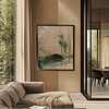 A modern living room with a beige aesthetic. A bamboo and water-themed painting from the Japandi Wall Art Set hangs on the wall, with large windows revealing lush greenery.