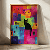 This is a framed, Colorful Cat Art print of a black cat sitting against a lively, abstract cityscape with bold, colorful buildings. The playful colors create a whimsical and energetic atmosphere.