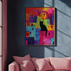 A framed Colorful Cat Art painting featuring a black cat against a bold, colorful cityscape. The artwork hangs on a dark wa