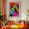 A framed Colorful Cat Art painting with an abstract cityscape and a black cat sits above a colorful sofa with striped cushions. Warm lighting, plants, and a cozy ambiance enhance the lively setting.