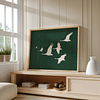 A serene living room featuring a large Japandi Wall Art print of flying cranes. A wooden sideboard displays minimalist decor, while beanbags and soft lighting enhance the cozy ambiance.
