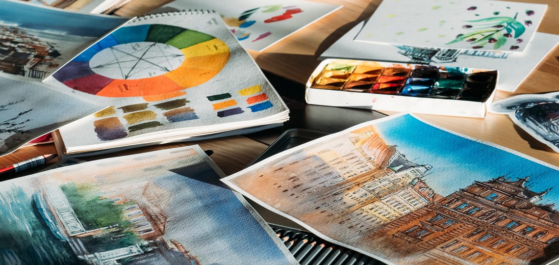 artist-workplace-painter-studio-atmosphere-watercolor-artworks-art-supplies-around