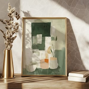 A Free Abstract Minimalist Art Print featuring green and beige geometric shapes rests on a wooden shelf. Nearby, a gold vase with dried flowers adds a touch of modern elegance, conveying a calm and balanced aesthetic.