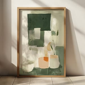 A framed Free Abstract Minimalist Art Print featuring geometric shapes in green, white, and beige tones. A vase and plant stem add depth, while soft shadows enhance the calm, modern feel.