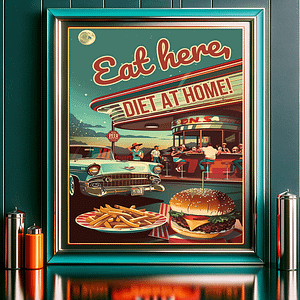 Close-up view of the retro diner poster with the text "Eat here, DIET AT HOME!" showcasing vibrant colors and detailed artwork.