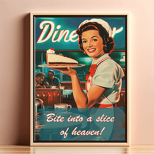 An elegant room with light-colored walls, featuring a retro-style poster on the wall. The poster shows a smiling waitress holding a slice of cake, with the text: "Bite into a slice of heaven!"