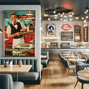 Retro diner art prominently displayed in a retro-themed café with vintage signs and décor.