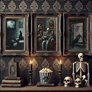 This dark gothic poster features a black cat gazing at a raven through a window in a moody vintage room. The dim green walls and antique furniture create a mysterious, eerie atmosphere. Candles flicker on the side table, adding to the gothic vibe.