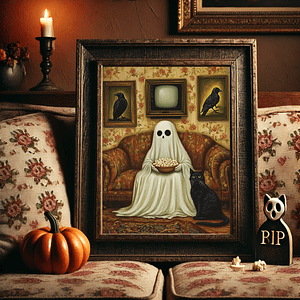 A humorous scene shows a ghost holding a bowl of popcorn, sitting on a vintage floral couch with a black cat by its side. The warm, cozy lighting and retro décor create a playful Halloween vibe. Funny Ghost Art adds charm and humor to any room.