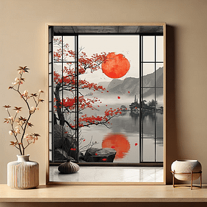 A 2:3 framed Japandi Autumn Art featuring a Japanese landscape with a red sun and autumn leaves. The frame is set in a beige minimalist room with wood accents, and a vase with branches sits beside it on a wooden table, complementing the soft natural tones.