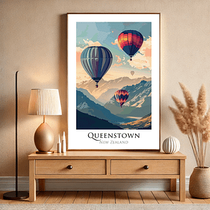 Queenstown Travel Poster with hot air balloons floating over the mountains of New Zealand.