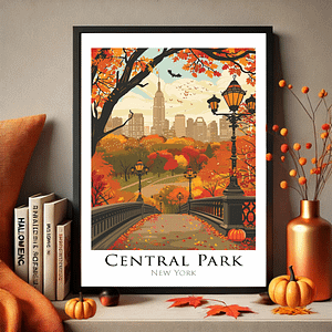 A digital art print of Central Park in autumn with bright orange trees and a bridge leading to the Empire State Building. Bats fly in the background, and pumpkins add to the Halloween charm. Displayed in a stylish, neutral-toned space.