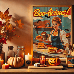 This retro Halloween Poster features a lively 1950s diner with a pumpkin-headed waiter serving delicious pancakes. The warm orange and red tones glow, bringing a festive, nostalgic vibe.