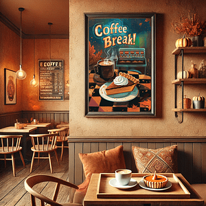 The Retro Autumn Decor poster, featuring coffee and pumpkin pie, is displayed in a rustic cafe with wooden tables. Earthy colors, soft lighting, and autumn decorations enhance the warm and cozy fall vibe.