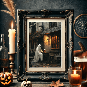 A Gothic Wall Art piece with a ghost drinking beer at a pub, framed in a Victorian-style black frame. The scene is set with vintage Halloween decor, including a glowing candle, a jack-o-lantern, and rustic elements, all lit with warm, soft light in a dark, moody room.