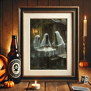 Three ghost figures play cards under dim light in a spooky outdoor scene. The atmosphere is dark and mysterious, perfect for Halloween. This Spooky ghost art brings haunted charm with a fun twist.