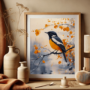 A nature-inspired Japandi Nature Art print framed on a beige wall. The artwork depicts a bird with autumn colors, complemented by surrounding pottery, dried flowers, and woven textures, creating a harmonious balance with the earthy decor.