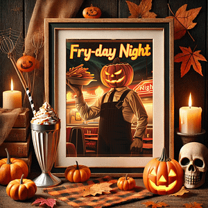 A rustic Halloween setup featuring a 3:4 framed Retro Halloween Diner Art surrounded by candles, pumpkins, and a milkshake glass. The warm glow creates a festive atmosphere.