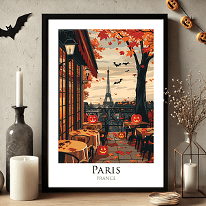 A Parisian café overlooking the Eiffel Tower, decorated with pumpkins, glowing lanterns, and fall leaves. The space feels festive with autumn hues of orange and brown, and the minimalist decor features soft, neutral walls, a black lantern, and hanging bats