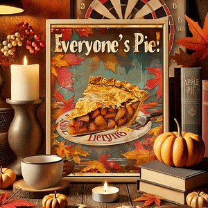 Retro Thanksgiving Decor poster of apple pie displayed in a cozy bakery. The bakery features warm wooden tables, baked goods, and soft lighting, creating a welcoming, nostalgic atmosphere. Perfect for autumn and Thanksgiving-themed decor.