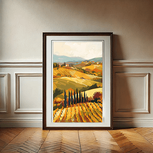 Tuscany travel art in a vertical 3:4 ratio frame rests against the wall on wooden parquet flooring in a minimalist room. The simple setting and soft lighting emphasize the artwork's natural colors.