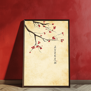 Modern Japanese blossom art with a minimalist branch and calligraphy, ideal for creating a serene atmosphere in homes or offices.