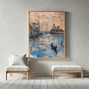 Venice digital art in a light wood frame on a clean, white wall in a Scandinavian-style room. The simple furniture and soft natural light create a serene backdrop for the artwork's soft blue and beige colors.