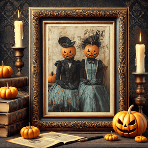 Gothic home decor pumpkin head Victorian art on a cozy wall surrounded by candles and fall accents.