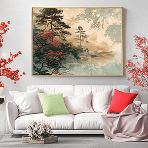 Japandi autumn wall art with earthy tones and red autumn leaves above a white sofa. Pink flowers and pastel pillows create a calm, inviting atmosphere in the living room.