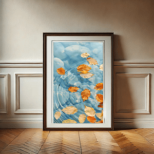 Golden and amber leaves float on clear blue water with gentle reflections. This artwork is placed on a clean, minimalistic floor, leaning against an off-white wall with warm wooden flooring. Japandi wall art autumn.