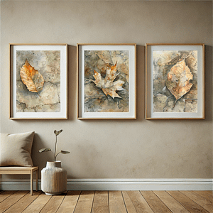 Minimalist bedroom with three wabi-sabi leaf art prints above the bed. The autumn tones of the artwork—beige, brown, and orange—complement the neutral bedding and soft pampas grass decor.