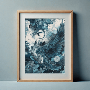 This is mystical Japandi crane art in a vertical frame styled with Japandi-inspired accessories like a vase, small tree, and lantern. The muted blue wall enhances the calming, Zen-like atmosphere.