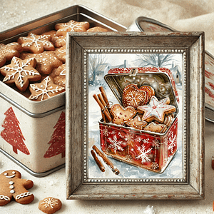 Gingerbread Cookie Decor print in a rustic wooden frame with a red, snowflake-patterned cookie tin filled with gingerbread. The background features more gingerbread in a metal tin and a cozy, warm setting.