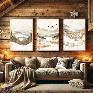 This cozy rustic living room features a brown sofa and knit blanket. The Christmas Winter Wall Art Set hangs above, featuring snowy landscapes in beige and gold, blending with wooden walls and warm lighting.