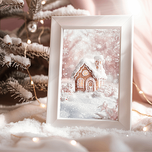 Charming gingerbread house art in a white frame with artificial snow, pine branches, and a soft pink background. Perfect festive decor.