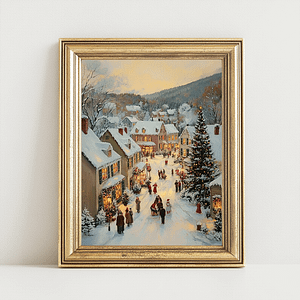 Christmas village art in a wide gold frame on a white table against a white wall. A vintage holiday masterpiece