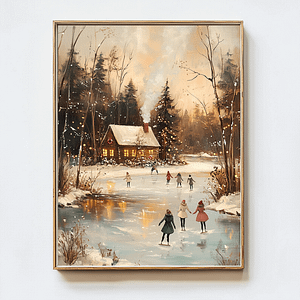 Winter Landscape Art in a gold frame displayed on a white wall. Simple and timeless holiday decor for any space.