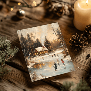 Winter Landscape Art is displayed as a card on a dark wooden table surrounded by pine branches, pinecones, and a glowing candle.