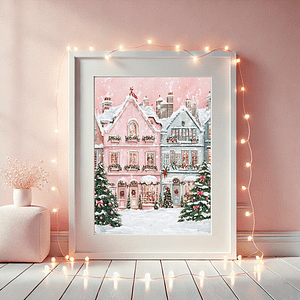 Christmas wall art framed on a pink wall, surrounded by fairy lights and soft white decorations, perfect for holiday wall art decor.