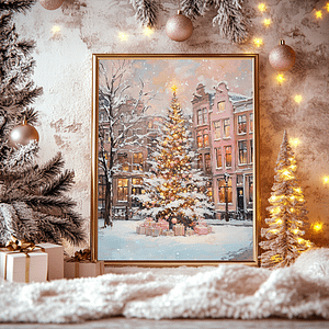 A Pink Christmas Tree Wall Art in a gold frame, placed on a soft pastel blanket beside a Christmas tree glowing with fairy lights. Pink ornaments and festive garlands complete the magical holiday scene.