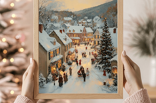 Woman holding a wooden-framed Christmas Village art with glowing holiday lights in the background. Cozy festive vibes.