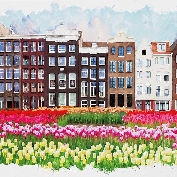 Watercolor Digital Prints Amsterdam Traditional House and Tulips