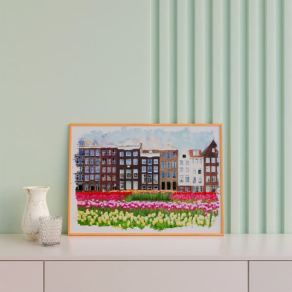 Watercolor Digital Prints Amsterdam Traditional House and Tulips