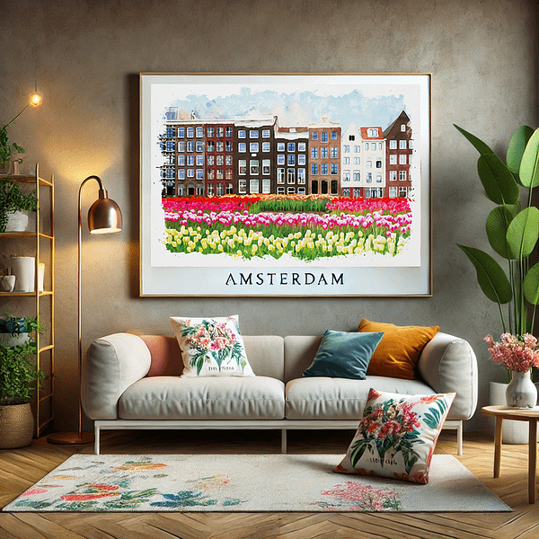 Stylish living room featuring a horizontal watercolor painting of Amsterdam with vibrant tulip fields and Dutch architecture. The decor includes a cozy sofa, colorful cushions, and indoor plants, creating a warm and inviting atmosphere.