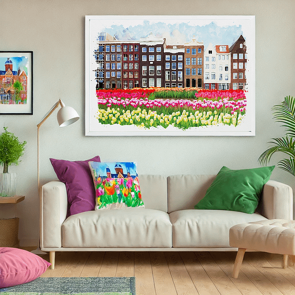 Modern interior room showcasing a horizontal picture frame with a vibrant watercolor painting of Amsterdam. The room is decorated with a comfortable sofa, colorful cushions, and soft lighting, enhancing the lively and cheerful atmosphere of the artwork.