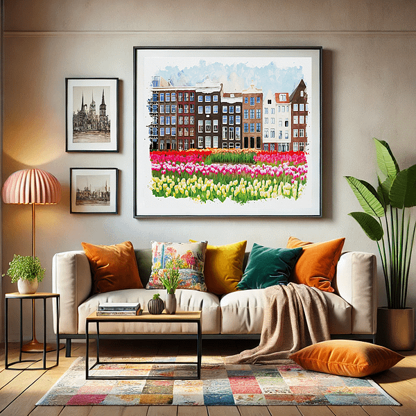 Elegant living room with a horizontal watercolor painting of Amsterdam's tulip fields and Dutch architecture. The stylish decor includes a cozy sofa, colorful pillows, and indoor plants, creating a warm and inviting space.